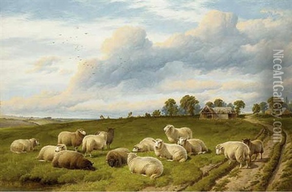Sheep Grazing On A Hilltop, A Barn Beyond Oil Painting - Charles Jones