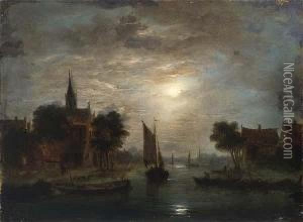 Moonlit Riverlandscape Oil Painting - Jacobus Theodorus Abels