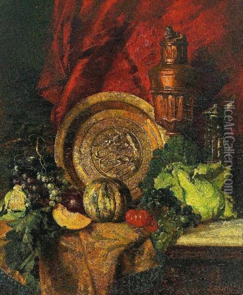 Stilleben Mit Beckenschlagerschale, Obst, Gemuse Und Krug, Malerisch Arrangiert Oil Painting - Leopold Bara