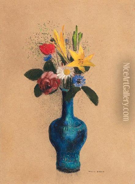 Bouquet Des Fleurs Dans Un Vase Bleu Oil Painting - Odilon Redon