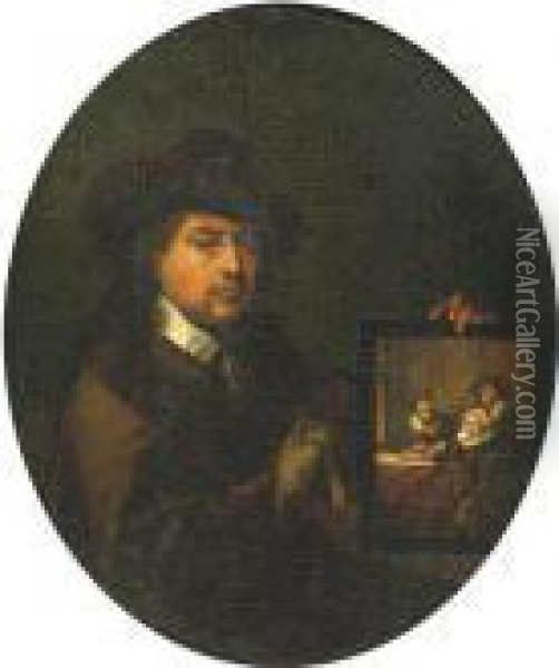 Portrait Of The Painter Holding A Family Portrait, In A Paintedoval Oil Painting - Gerrit Dou