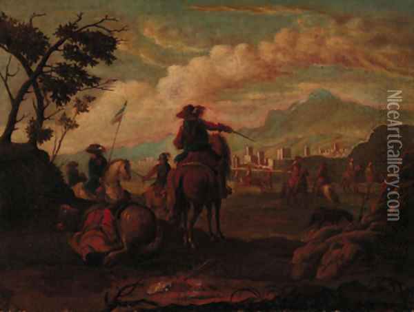 Cavalrymen before a town in an extensive landscape Oil Painting - Francesco Simonini