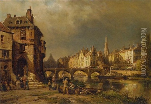 A Busy Day On The Riverbanks Oil Painting - Carl Joseph Kuwasseg