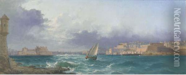 Grand Harbour, Valetta, At Dusk Oil Painting - Luigi Maria Galea