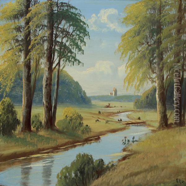 By The Stream Susaaen Oil Painting - Gustav Holmboe