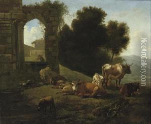 Cattle And Sheep By A Ruined Church In An Italianate Landscape Oil Painting - Willem Romeyn
