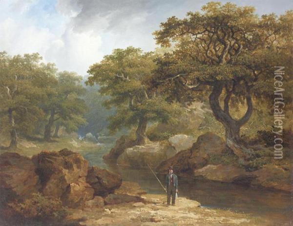 A Dargle Landscape With A Fisherman Oil Painting - James Arthur O'Connor