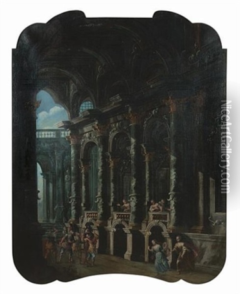 An Architectural Capriccio Of The Interior Of A Palace With The Judgement Of Paris (+ An Architectural Capriccio With Soldiers Entering A Palace; Pair) Oil Painting - Stefano Orlandi
