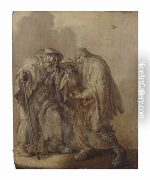 An Elderly Beggars' Couple Holding An Empty Bowl Upturned; 'en Brunaille' Oil Painting - Adriaen Pietersz van de Venne