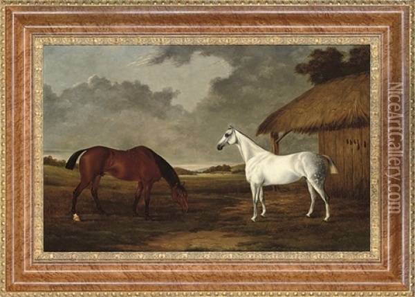 A Bay And A Grey Horse Grazing Beside A Stable Oil Painting - Frederick Albert Clark