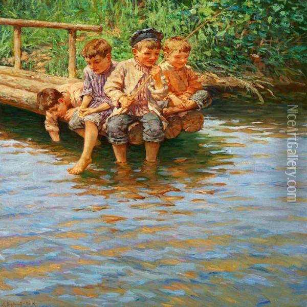 Four Boys Fishing At A Riverside, Summer Oil Painting - Nikolai Petrovich Bogdanov-Belsky