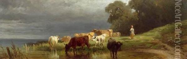 Cows At The River Oil Painting - Friedrich Johann Voltz