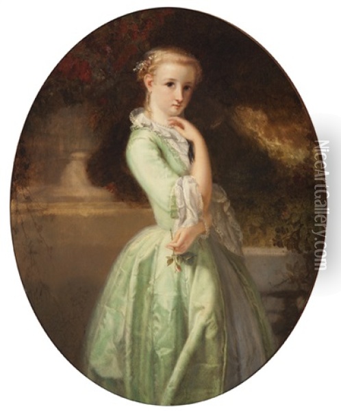 Elegant Young Woman In A Green Dress Holding A Rose (+ Elegant Young Woman In A Pink Dress By A Rose Bush; 2 Works) Oil Painting - Clemens Prosper Schreurs