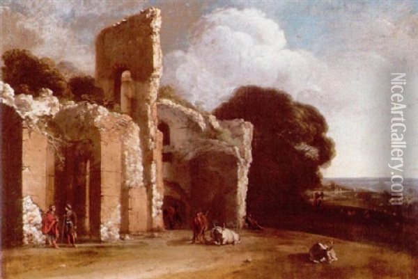 Landscape With Ruins, Peasants And Cattle Oil Painting - Filippo Napoletano