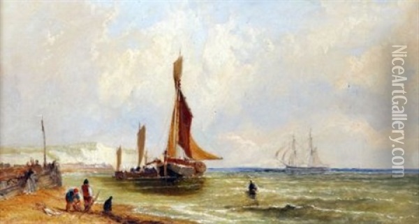 Coastal Scene With Fisherfolk And Shipping Oil Painting - James E. Meadows