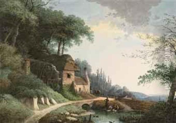 Doing The Washing Near A Stream And A Watermill Oil Painting - Martheus Derk Knip
