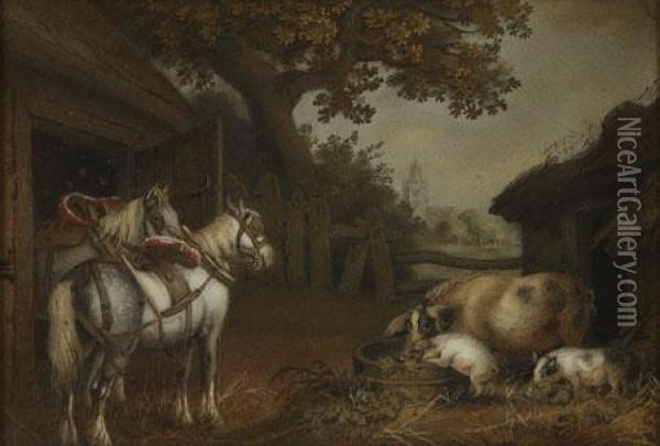 Two Horses And Three Pigs In A Farmyard Oil Painting - Benjamin Zobel