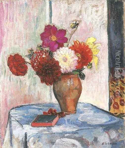 Vase de dalhias avec livre sur la table Oil Painting - Henri Lebasque