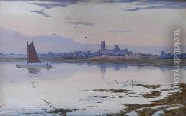 A Vessel On The Ouse Before Ely Cathedral Oil Painting - Arthur Anderson Fraser