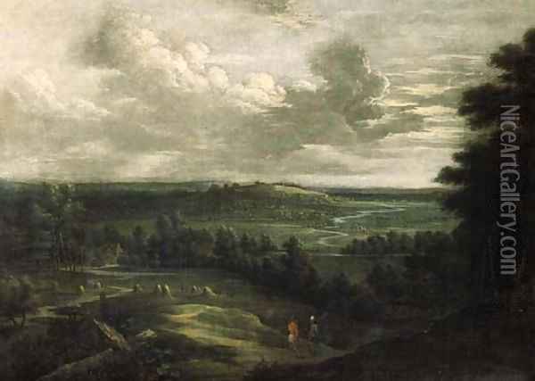 An extensive landscape in summer with an infantryman and a peasant conversing in the foreground Oil Painting - Lucas Van Uden