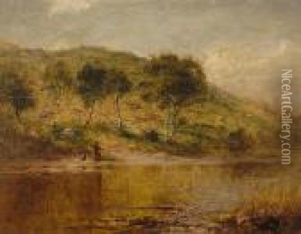 A Welsh River With Fisherman Oil Painting - Benjamin Williams Leader