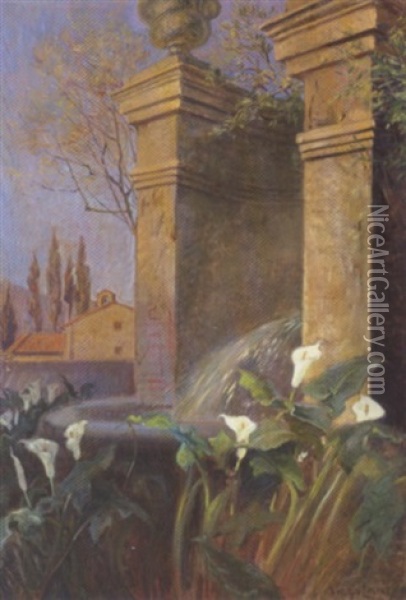 Fritvoksende Hvide Liljer Ved En Fontaene I Italien Oil Painting - Olaf Viggo Peter Langer
