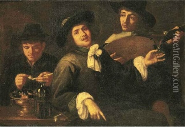 The Five Senses: Three Men Smoking, Drinking And Making Music Oil Painting - Jacob Oost the Elder