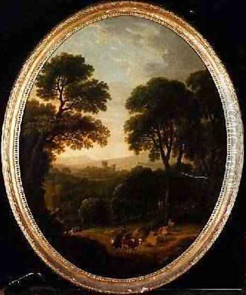 Wooded Landscape with Peasants and Cattle on a Path Oil Painting - George Mullins