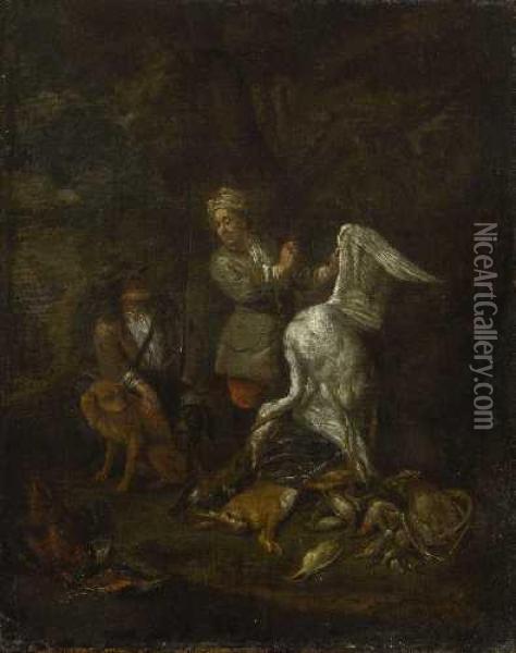 Zwei Jager Mit Zwei Hunden Und Ihrer Jagdbeute. Oil Painting - Adriaen de Gryef