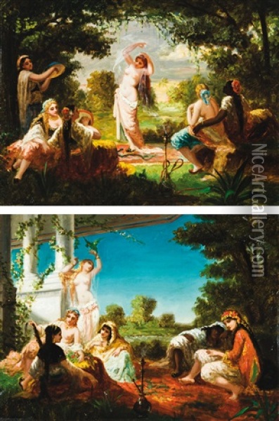 Danse Au Harem Et Detente Au Harem (2 Works) Oil Painting - Antoine-Victor-Edmond Joinville