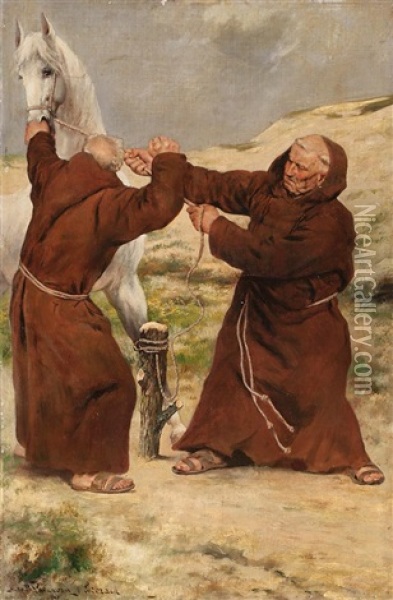 Monjes Con Un Caballo Oil Painting - Antonio Casanova y Estorach