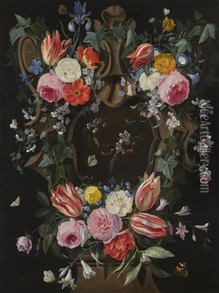 An Ivy Covered Sculpted Cartouche Adorned With Flowers Including Roses, Tulips, Lilies, Blossom And An Iris Oil Painting - Jan van Kessel the Elder