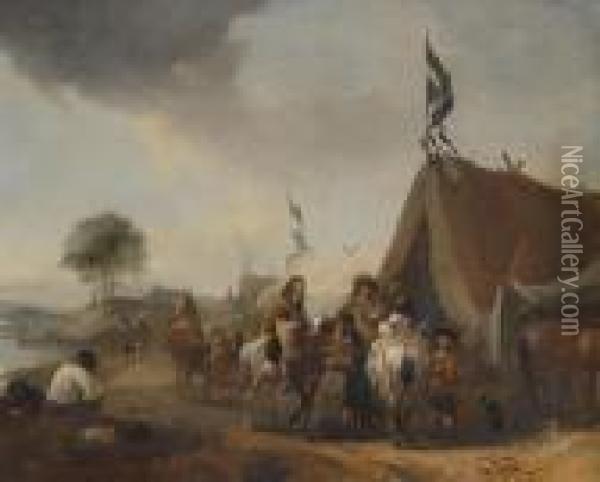 Soldiers Near A River Oil Painting - Pieter Wouwermans or Wouwerman