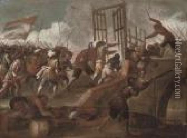 A Battle On A Bridge Oil Painting - Jacques Courtois Le Bourguignon