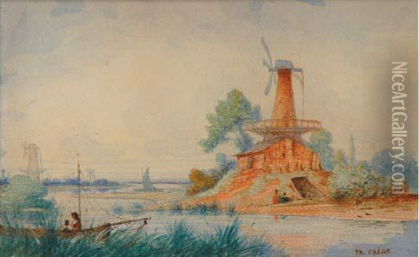 Les Moulins Au Bord De La Riviere Oil Painting - Ch. Theodore, Bey Frere