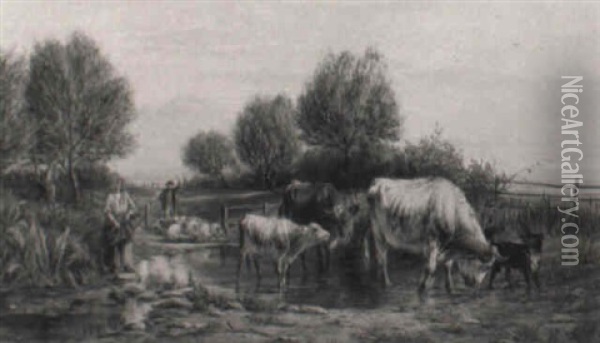 Cattle And Sheep Crossing A Ford On A Summer's Day Oil Painting - William Luker Sr.