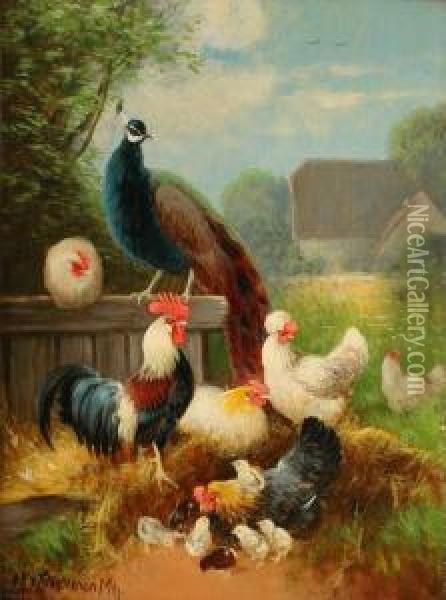 Hen And Peacock Oil Painting - Otto Scheuerer