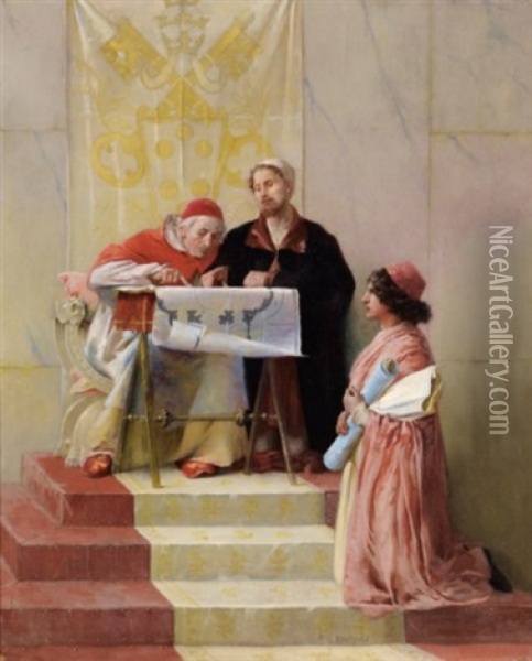 Bramante Presentant Les Plans De Saint-pierre Du Vatican Au Pape Oil Painting - Edwin Howland Blashfield
