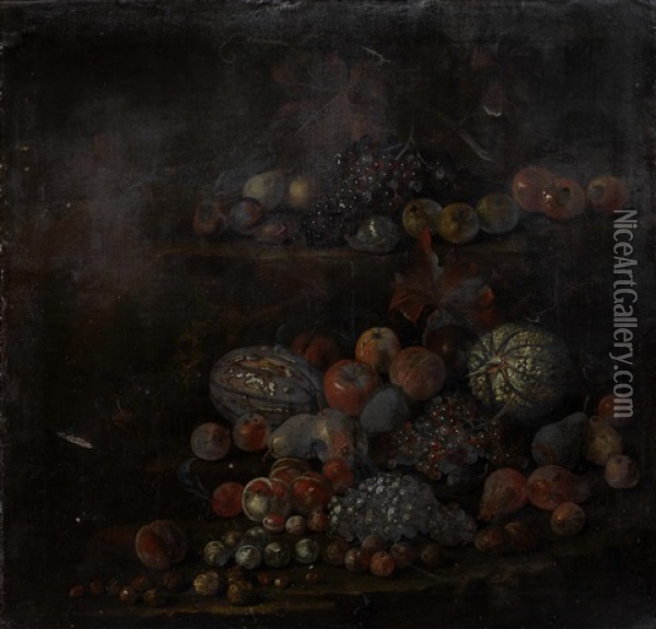 Melons, Grapes, Apples, Peaches And Other Fruit On Stone Ledges Oil Painting - Tobias Stranovius