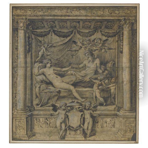 Jupiter And Juno Reclining In An Alcove Attended By Amorini, Twoothers Holding A Heraldic Shield Below Oil Painting - Perino del Vaga (Pietro Bonaccors)