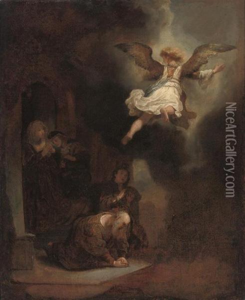The Archangel Raphael Taking Leave Of Tobit And His Family Oil Painting - Rembrandt Van Rijn