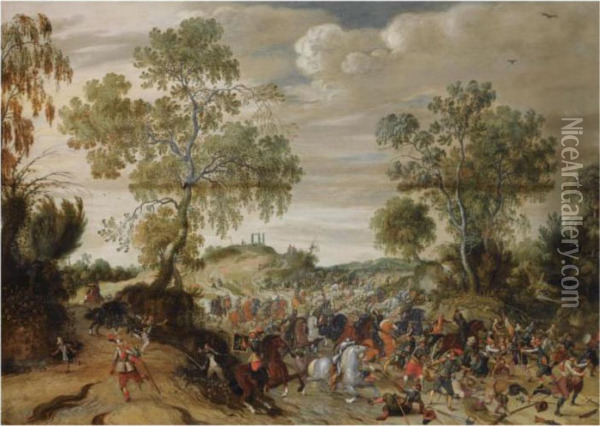 A Skirmish In A Wooded Landscape Oil Painting - Sebastien Vrancx