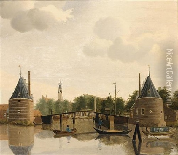 Haarlem: A View From The Noorder Buiten Spaarne, With The Catharijnebrug In The Foreground And The Church Of St. Bavo In The Middle Distance Oil Painting - Jan Ekels the Elder