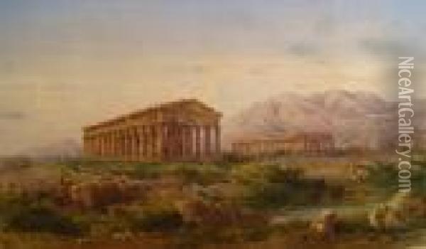 Temple Of Hera , Paestum , Near Naples , Italy Oil Painting - Consalvo Carelli