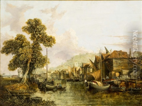 Untitled - Boats In A Harbour Oil Painting - James Stark