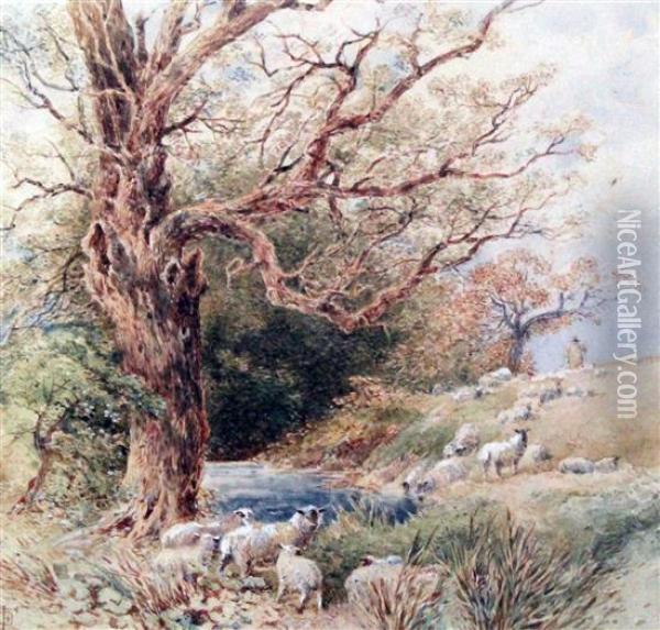 Shepherd And Flock Beside A Stream Oil Painting - Myles Birket Foster