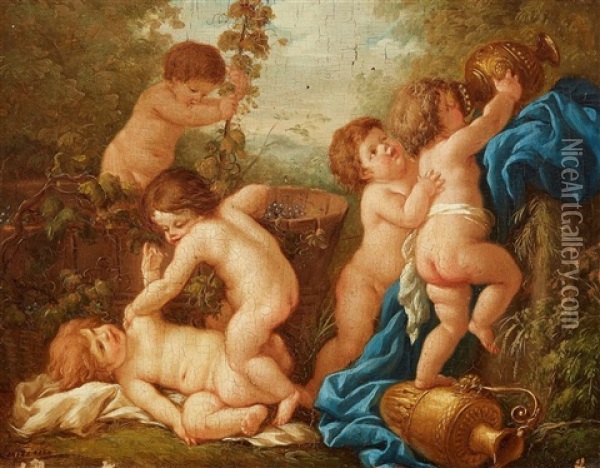 Putti Harvesting Grapes (allegory Of Autumn) Oil Painting - Jean Jacques Lagrenee the Younger