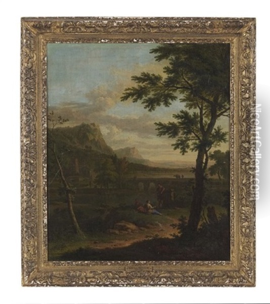Classical Landscape With Figures Oil Painting - Jan Van Huysum