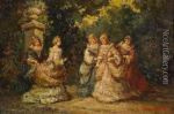 The Presentation, Woodland Landscape With Figures Oil Painting - Adolphe Joseph Th. Monticelli