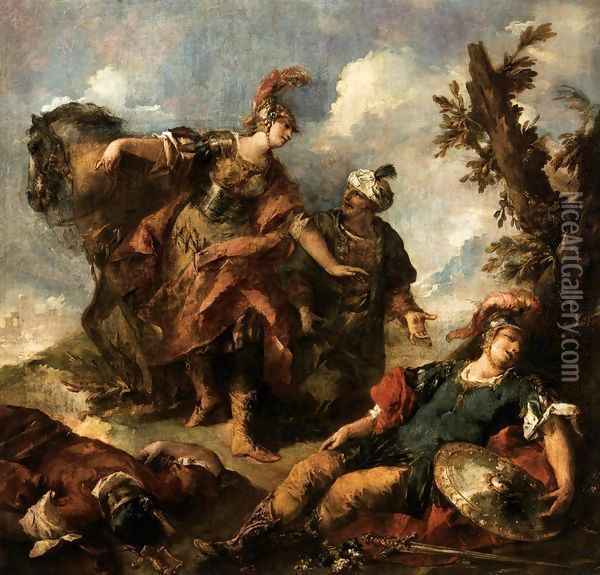 Herminia and Vaprino Find the Wounded Tancred Oil Painting - Giovanni Antonio Guardi